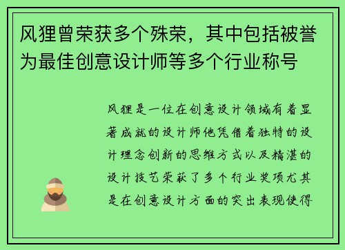 风狸曾荣获多个殊荣，其中包括被誉为最佳创意设计师等多个行业称号